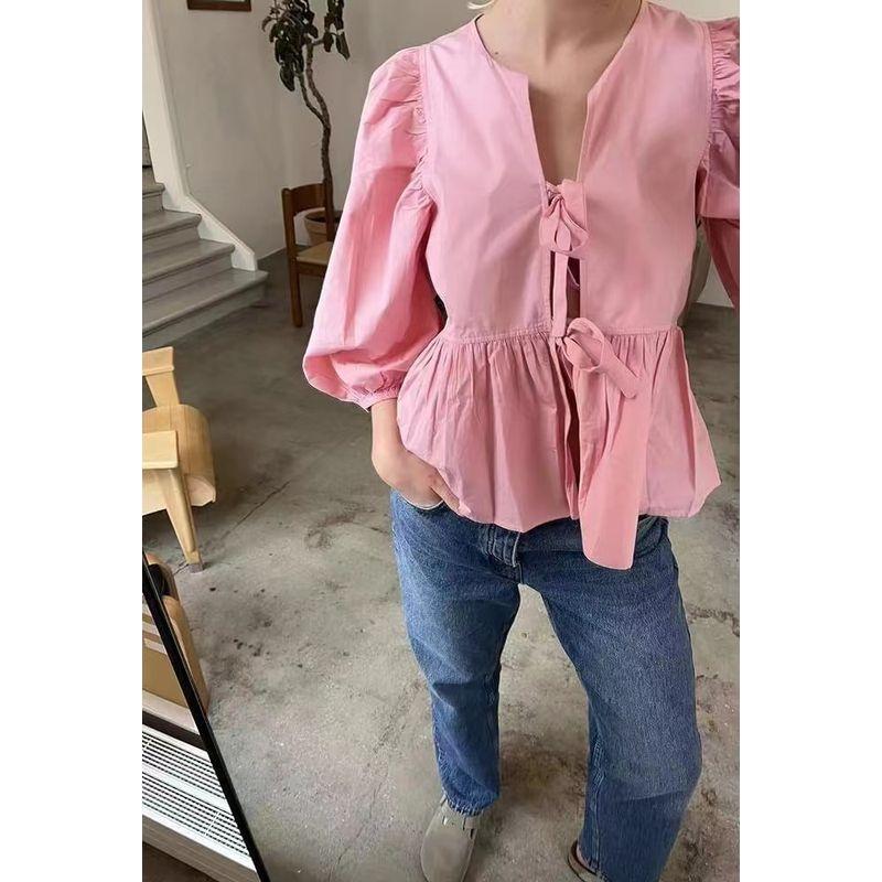 Fashion Wind Summer New Arrival Fashion Wind Lace-up Crew Neck Puff Sleeve Shirt Fashion Sexy Loose Cardigan Top