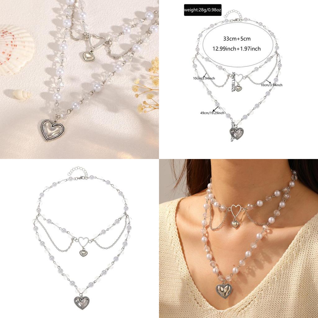 Collier à chaîne en perles artificielles pour filles avec pendentif cœur multicouche Été