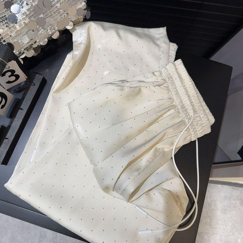 Damesbukser High-End Perlebesatt Løse Rette Bukser Dame Koreansk Stil Mote Streetwear