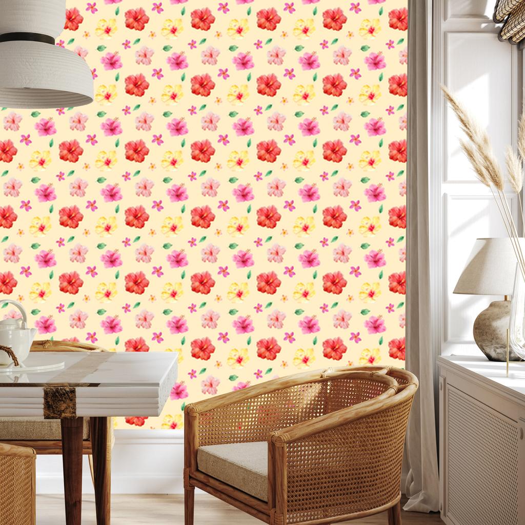 Wallpaper Flowers Cream and Coral for Living Room and Bedroom 50x1000