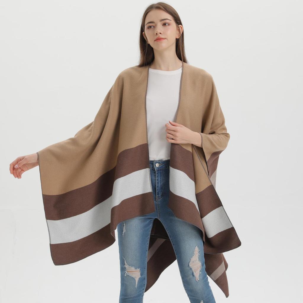 Stylish Striped Double-Sided Scarf Shawl: European & American Fashion Cape Women's Warm Outerwear Cardigan