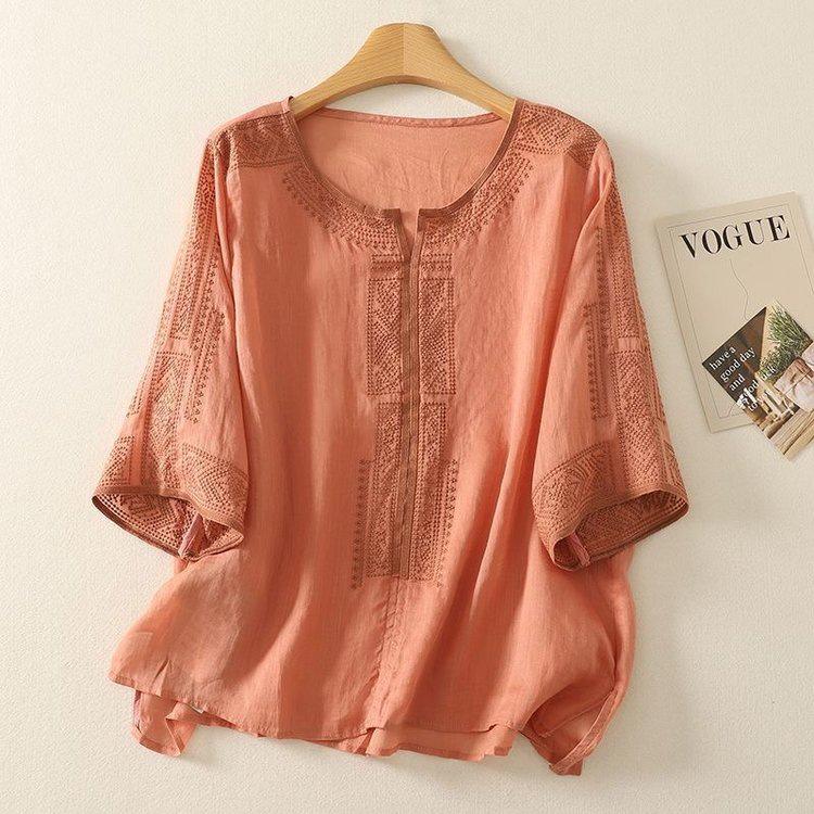 Elegant Chiffon Top: Popular Chinese Style Mid-Aged Women's Five-Point Sleeve Printed T-Shirt