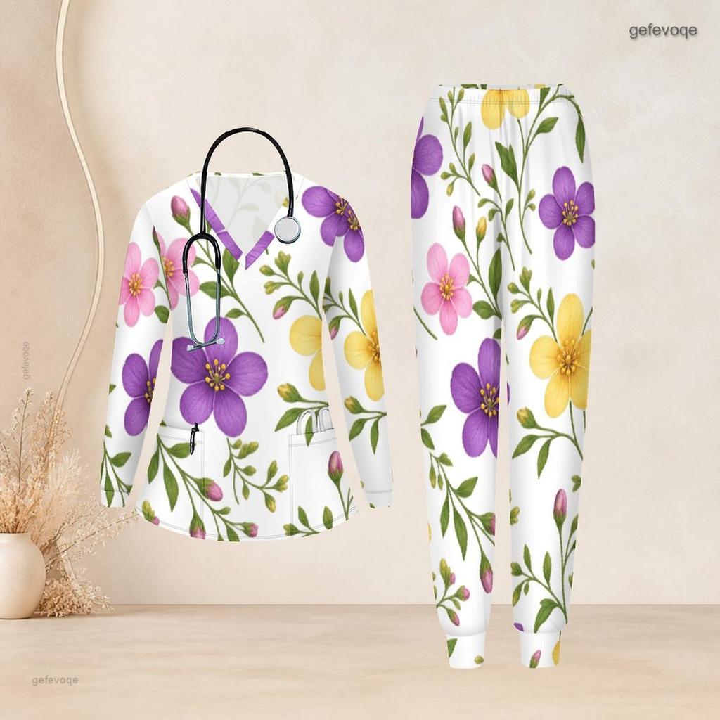 Women Plus Size White Green Floral Printed Nurse Scrub Set V Neck Long Sleeve Pockets Top And Long Pants