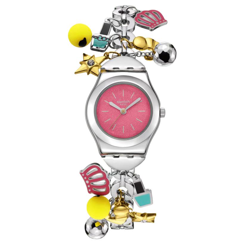Swatch Křemenný strojek 30 metrů vodotěsný přívěsek náramek dámské hodinky Švýcarské hodinky 25mm růžový ciferník nerezové pouzdro YSZ101G