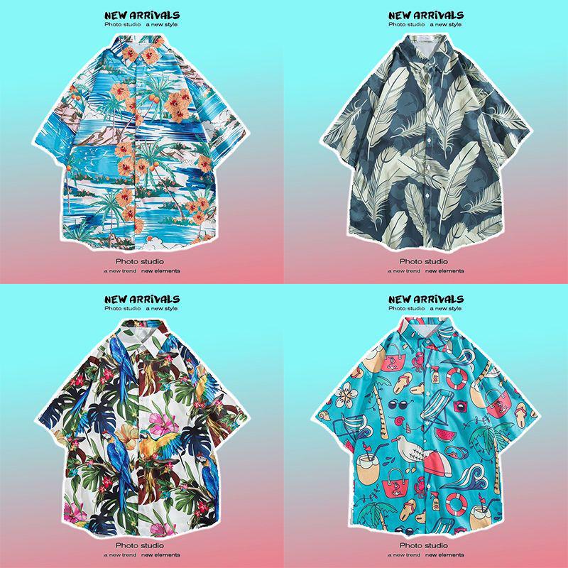 Pánská košile s krátkým rukávem v retro květinovém stylu ve stylu Hongkongu - Havajský design, Rebelská, Všestranná, Volný střih, Letní nošení, Ideální pro páry.