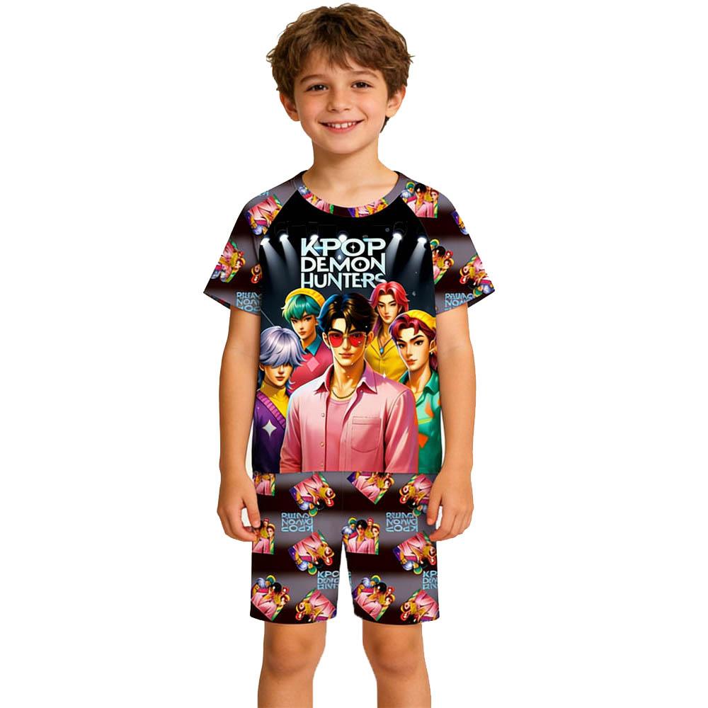 Fashion Fun Cartoon Devil Hunter Print Kids T-shirt and Shorts 2 Piece Set Summer Casual Outdoor Boy's and Girl's Outfit Set