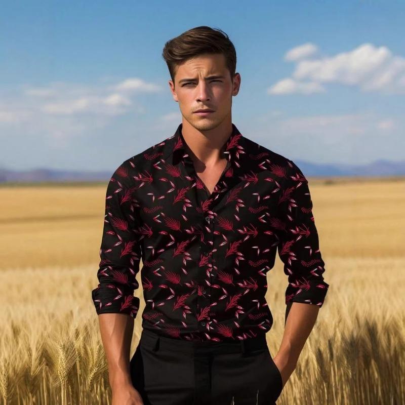 Men Casual Long Sleeve Floral Print Breathable Stretch Daily Shirt