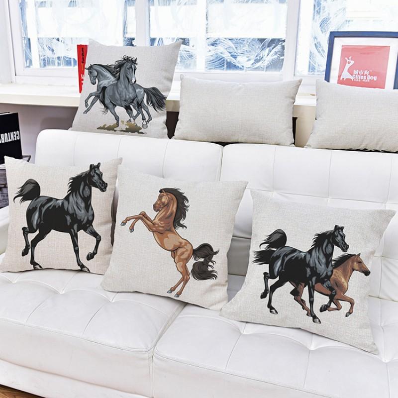 Horse Cushion Cover Cotton Linen Beige Sofa Decorative Pillows Covers Animals Black Horse Pillow case for waist back Car Seat