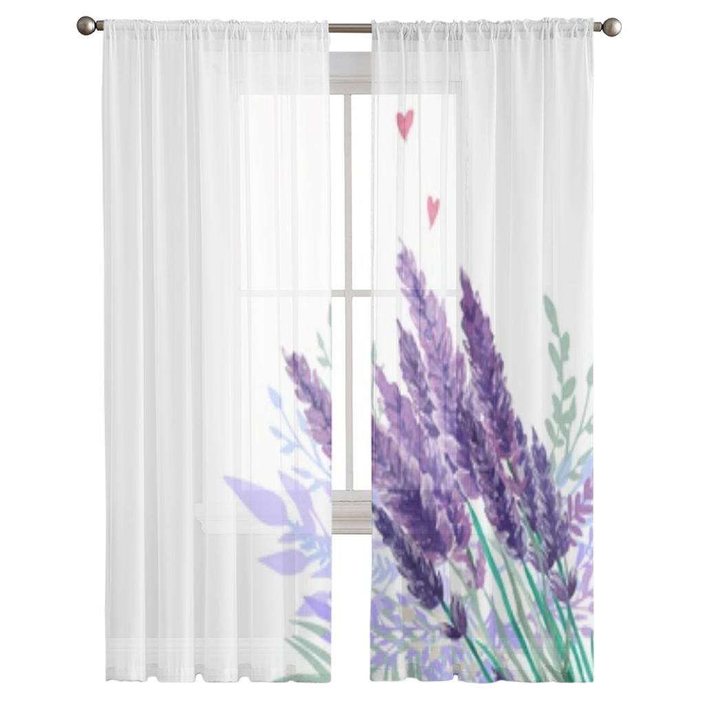 Watercolor Lavender Bouquet Chiffon Sheer Curtains For Living Room Bedroom Decoration Window Tulle Curtains Drapes