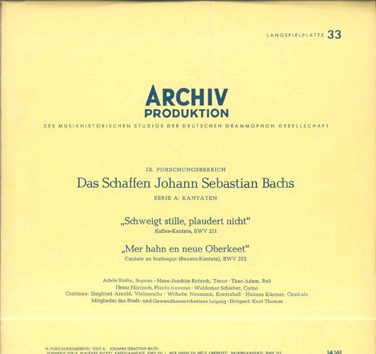 

LP Record JOHANN SEBASTIAN BACH ADELE STOLT schweigt Stille Plaudert Nicht 141461 ARCHIV PRODUKT Germany Classical Used