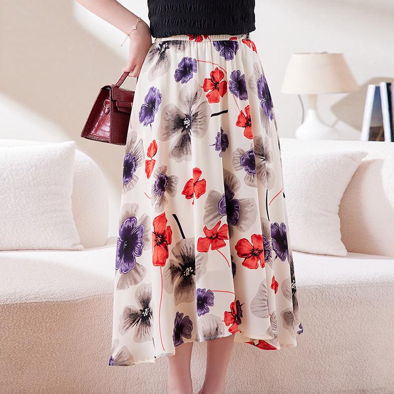 Damen Chiffon Blumen A-Linien Rock - Stilvoller Sommer Elastischer Bund Überwurf