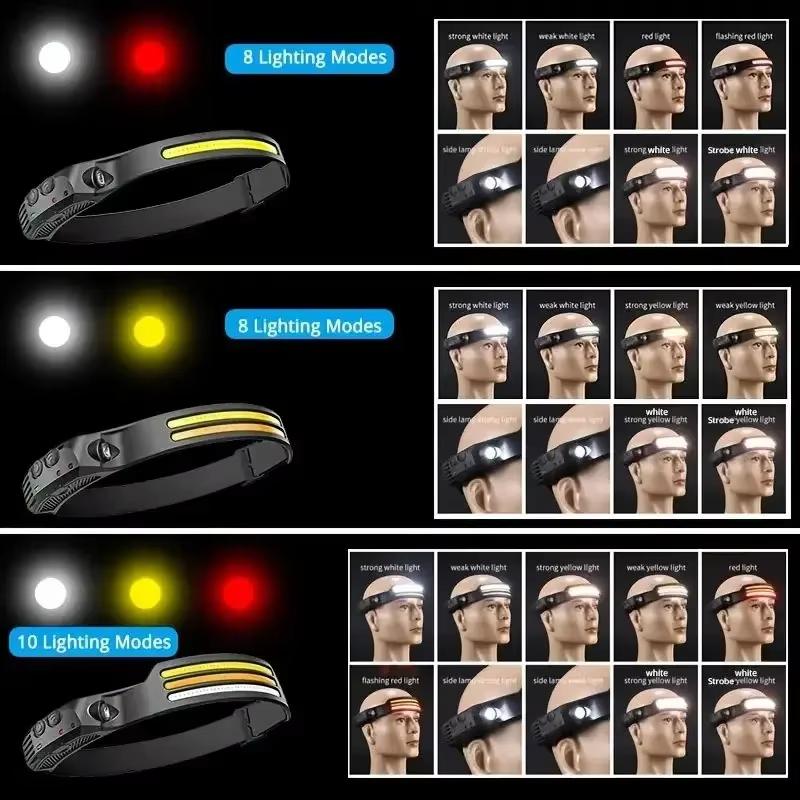 Rechargeable COB LED Headlamp with Sensor Switch USB Charging 5 Modes Waterproof Headlight for Camping Fishing Outdoor Work