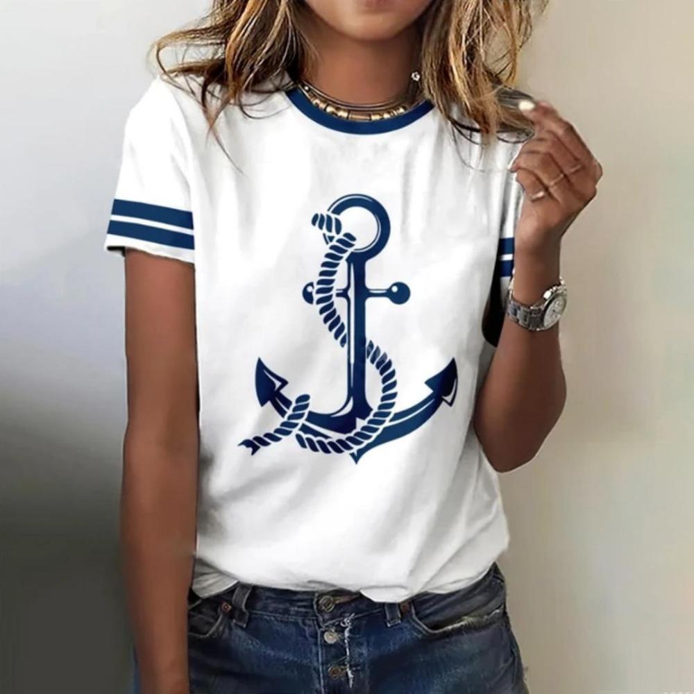 Summer European and American Style Inverted Hook Ocean 3D Printed Women's Fashionable Round Neck Short Sleeved T-shirt