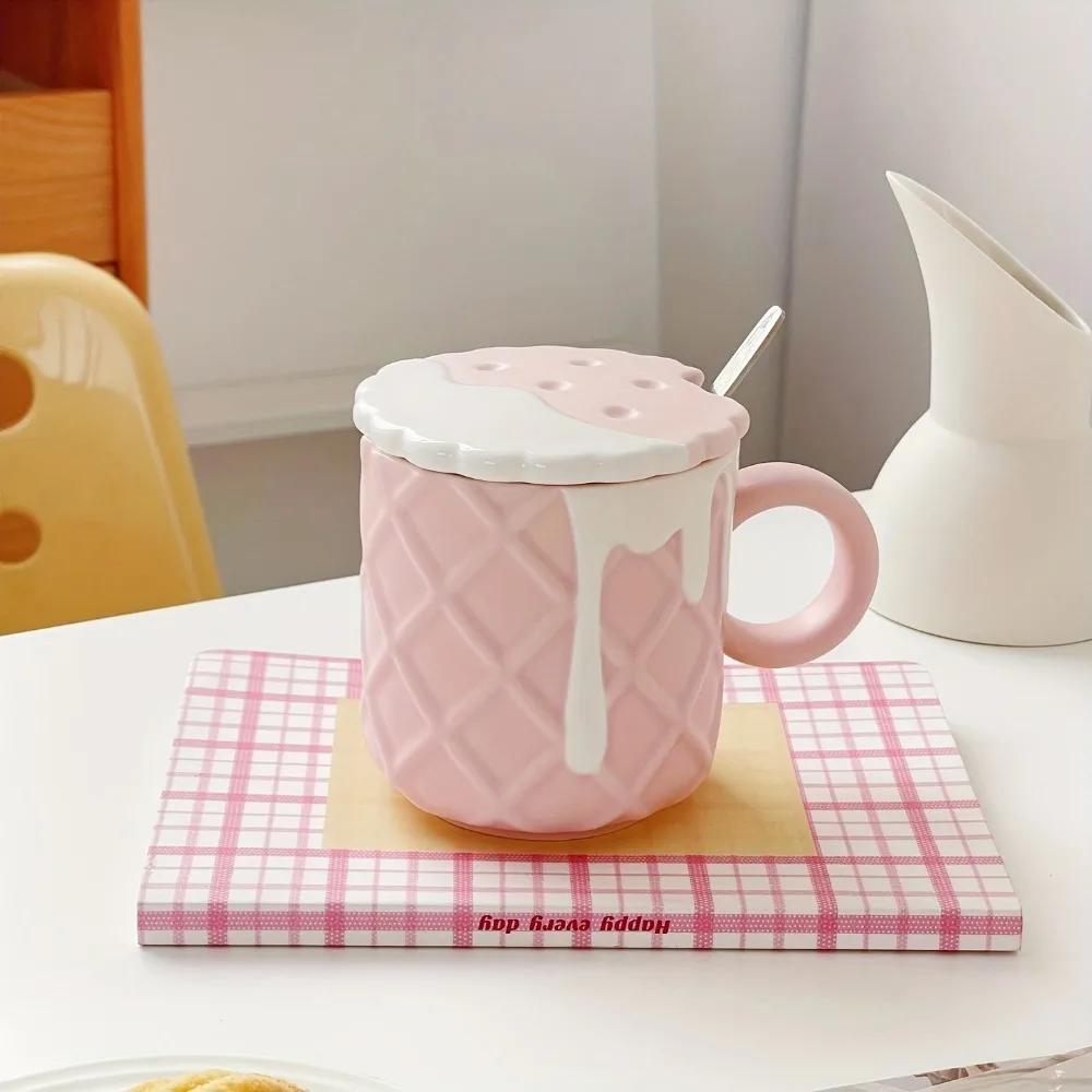 1pc 400ML Biscuit Pattern Coffee Mug With Lid And Spoon Ceramic Coffee Cups Cute Kawaii Water Cup Summer Winter Drinkware Gifts