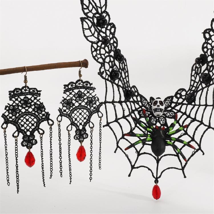 Lace Choker Necklace Rhinestones Earrings Set Halloween Costume Accessories Gothic Vampires Jewelry Set for Wedding