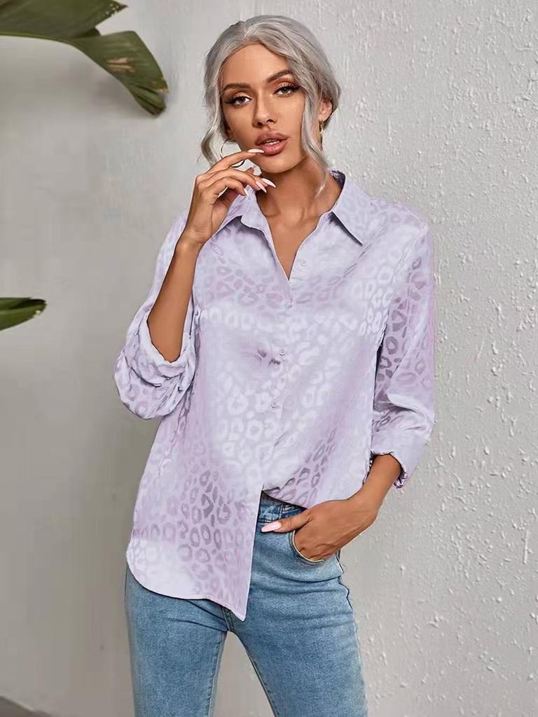 Women's Long Sleeve Blouse Turn Down Collar Elegant Leopard Print Shirt