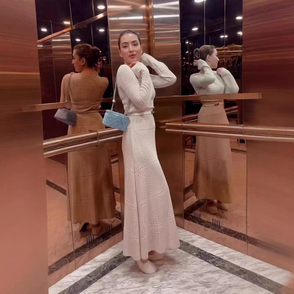 2024 Fall Slim Fit Solid Color Round Neck Long Sleeve High Waist Swing Skirt Set for Women