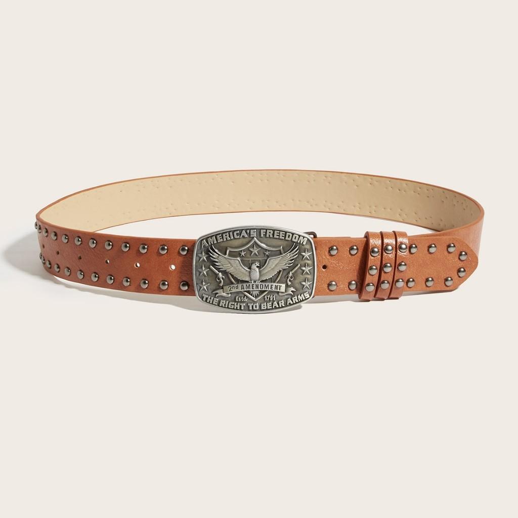 Leather Rivet Decor Punk Belt With Alloy Buckle And Eagle Pattern Casual For