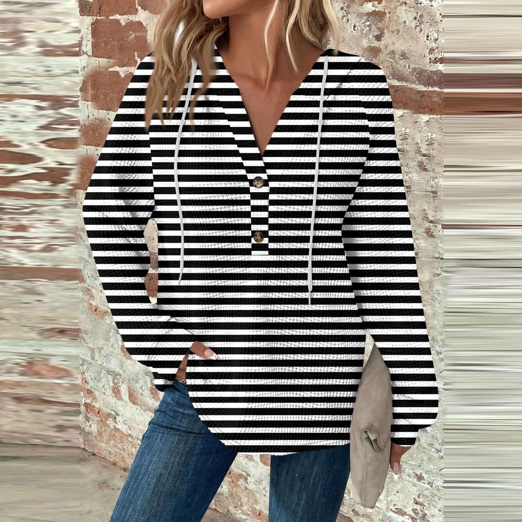 Damemote Langermet snøring V-hals med hetteknapper Uformell sweatshirt med hettetrykk