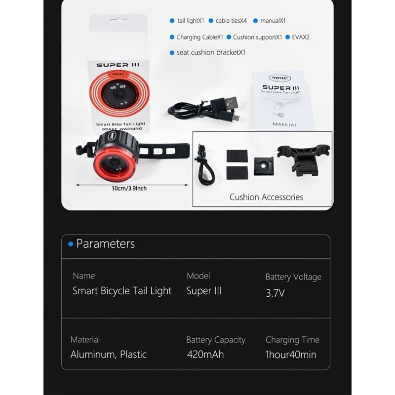 Smart-Fahrrad-Rücklicht, Auto-Start-Stop-Bremssensor LED-Ladefunktion Radfahren Smart-Fahrrad-Rücklicht