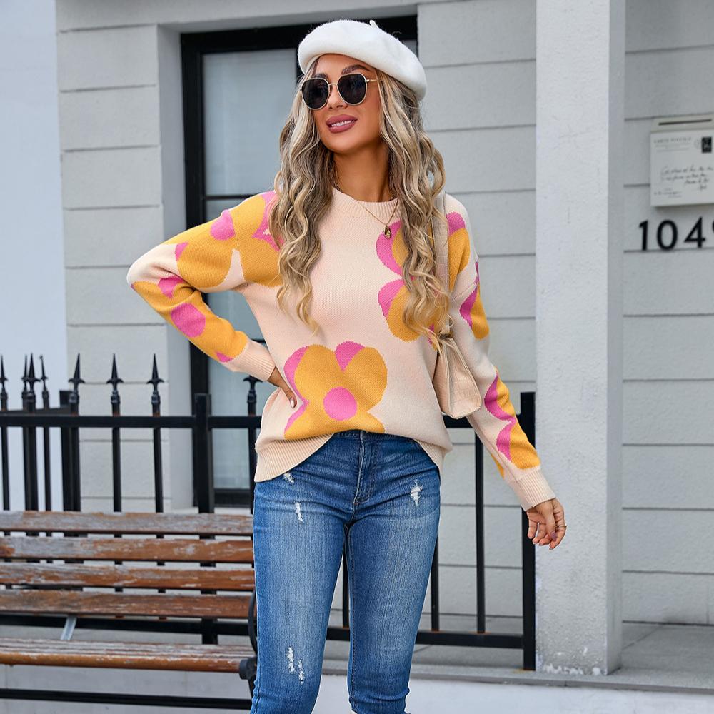 Pulover de toamnă și iarnă pentru femei, imprimat, cu gât rotund, la modă, cu floare mare