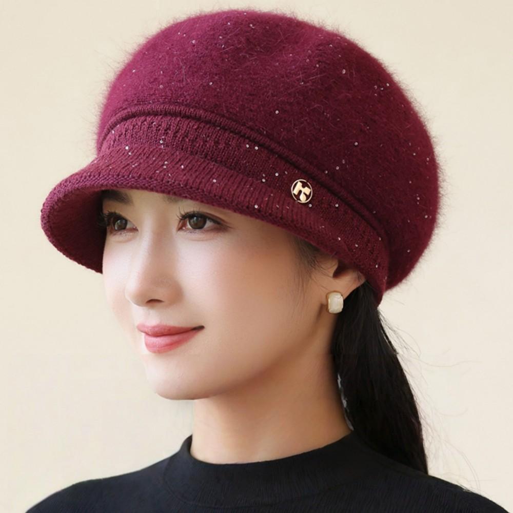 New Women Fashion Winter Warm Hat K Letter Plush Fur Lined Warm Hats For Women Casual Rabbit Fur Blend Outdoor Dandy Knitted Cap