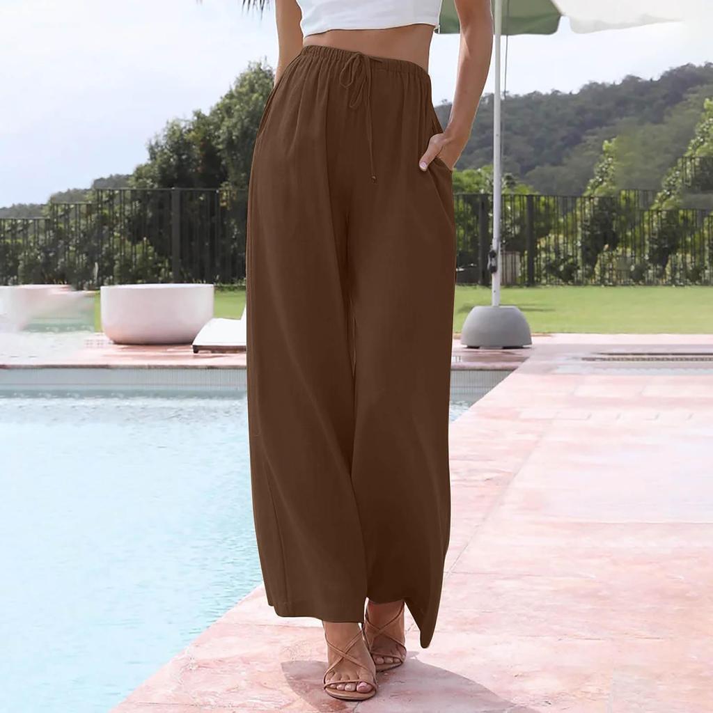 Women's Cotton Linen Summer Wide Leg Pants Flowy Wide Leg Color Beach Pants With Pockets