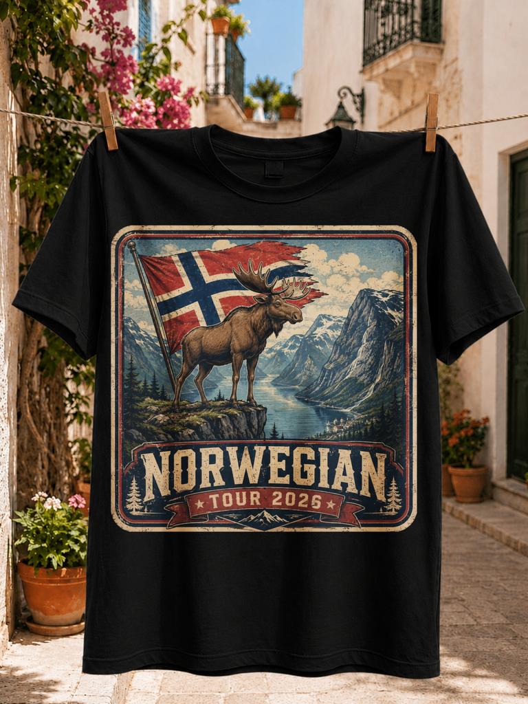 Norwegen Tour 2026 Vintage Travel Scene With Moose Norwegian Flag Fjord Mountains And Pine Trees Unisex All Tshirt