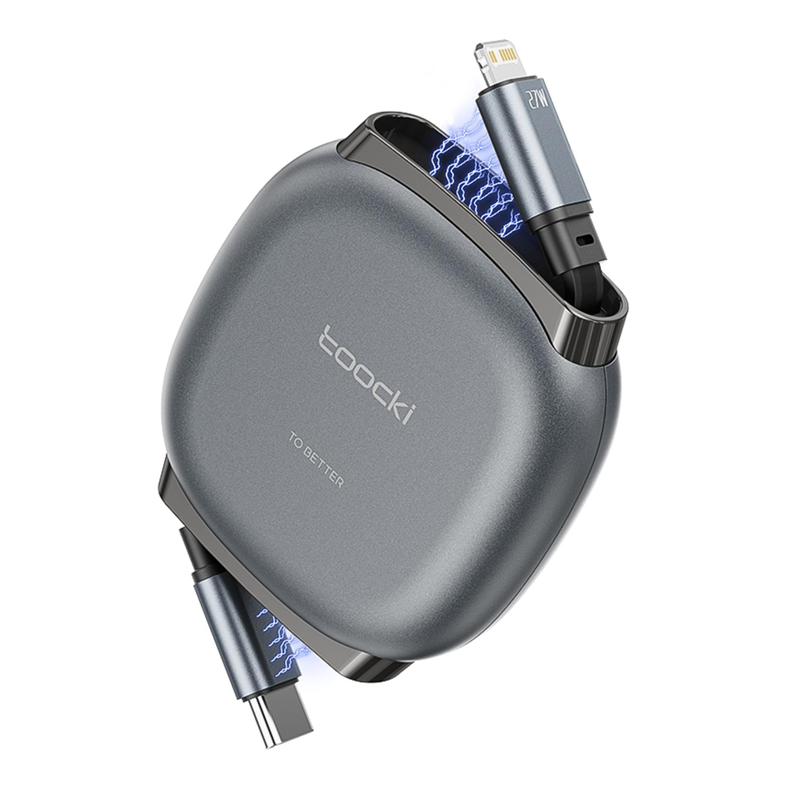 TOOCKI TX105A Mini Retractable USB-C to iP Cable 1M 27W Fast Charging Cord Support 480Mbps Data Transfer