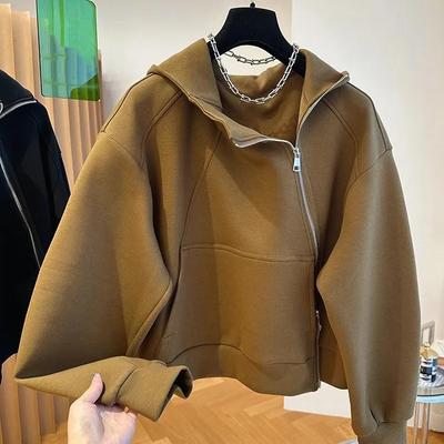 Women's Solid-Color Spring/Fall Hooded Sweatshirt with Diagonal Zipper Solid-Color Minimalist A-Line Top