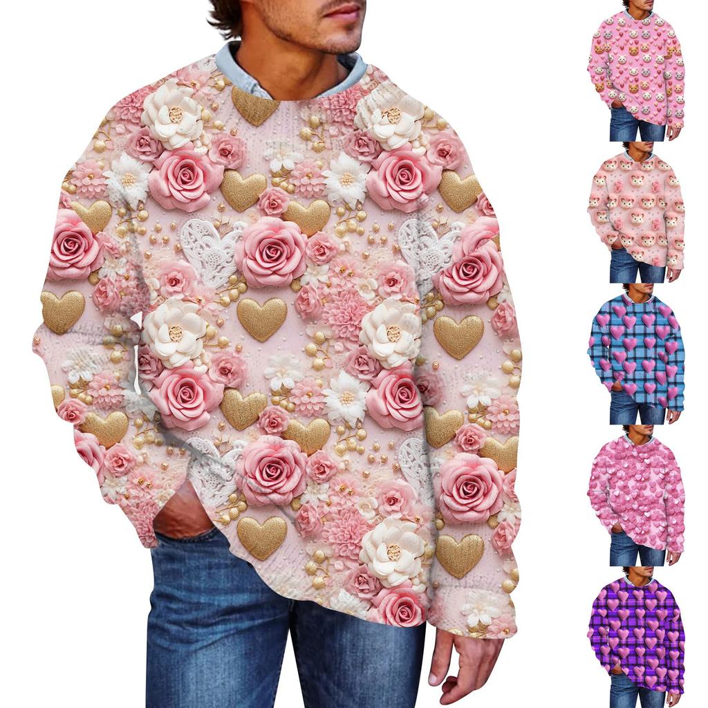 Men's Valentine's Day Print Faux Sweater, Crewneck Sweatshirt, Loose Long-sleeved Top
