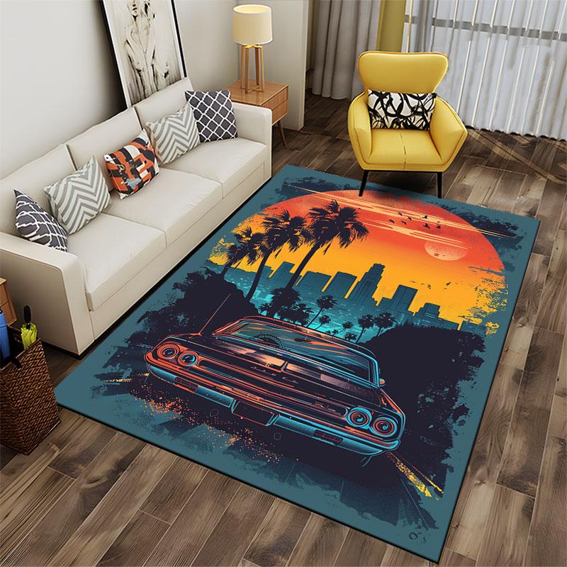 Retro Car with City Sunset suitable as a non-slip mat for the living room or bedroom sofa