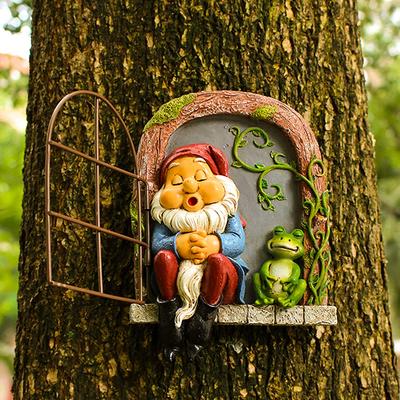 17 cm gnomų ir varlių kiemo skulptūra Unikalus medžio menas lauko dekoravimui