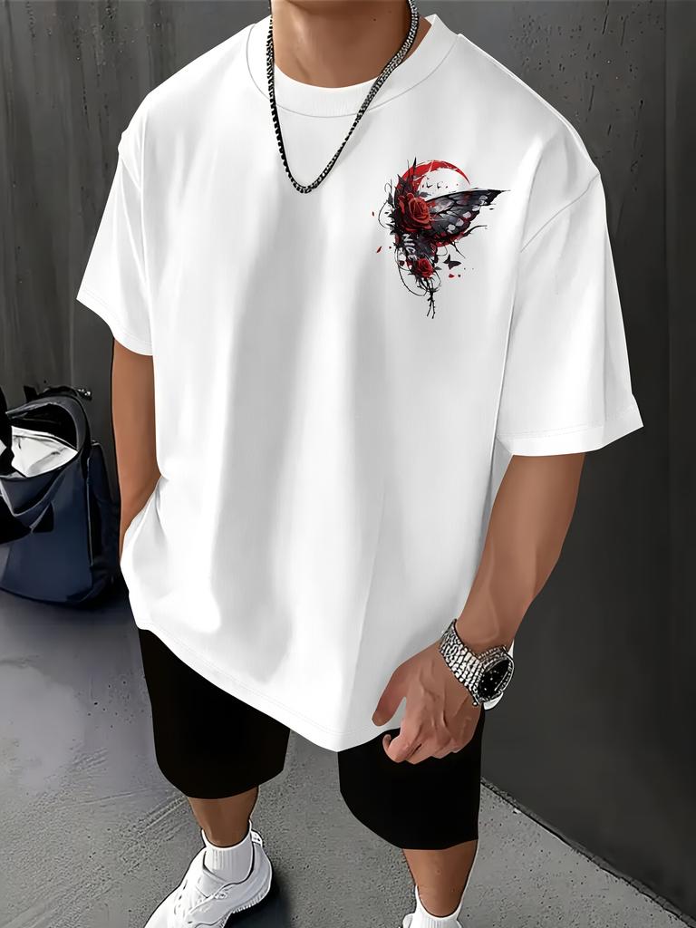 Men's Summer Floral T-Shirt - Mustard-Yellow with Black/Red Roses - Loose Fit Casual Everyday Shirt