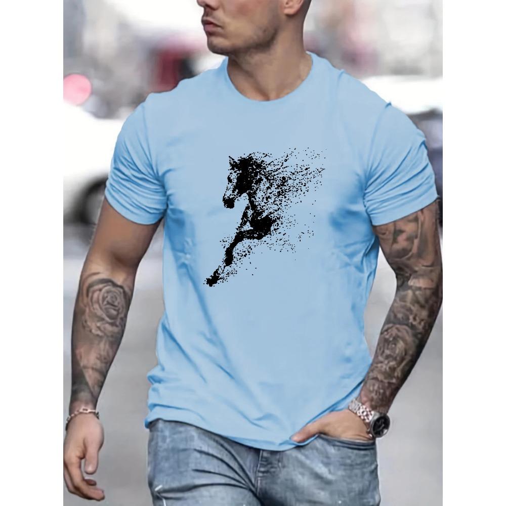 Men's Summer Fashion Casual Loose Big Black Horse Pattern Printed Round Neck Short Sleeve T-shirt Top