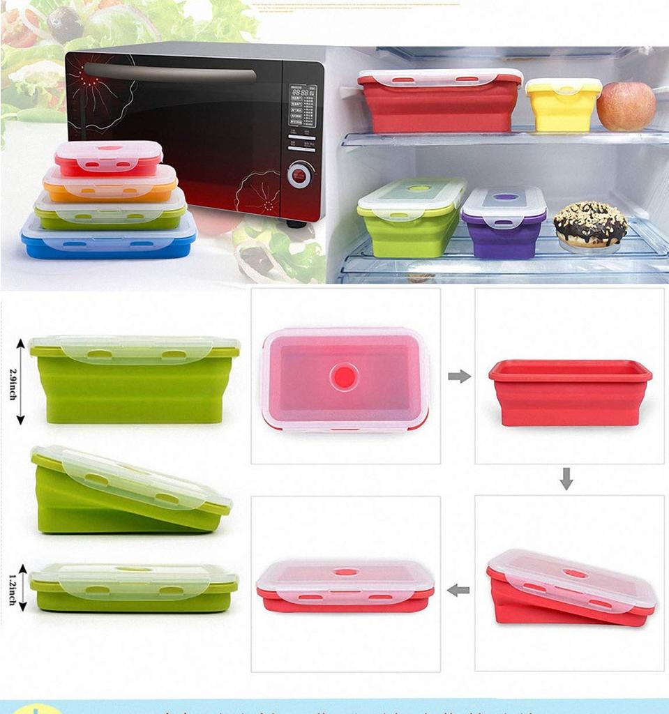 Silikon Faltbare Bento Aufbewahrung Lunch Lebensmittelbehälter Box für Mikrowelle, Gefrierschrank, Spülmaschinenfest, BPA-frei, 4er Set