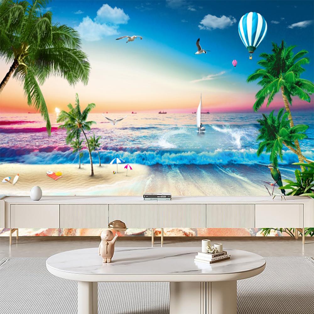 3d Beach Wall Murals Coconut Trees Wallpaper Beach Sea Birds Sailboat Murals Living Room Bedroom Wall Paper