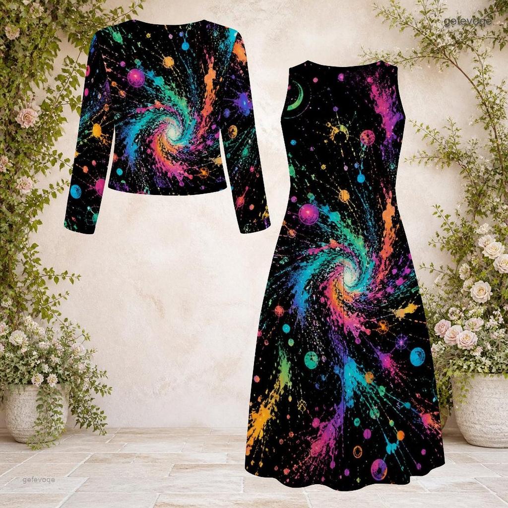 Damen Plus Size Rundhals Langarm Cardigan mit Galaxie-Print und Kleid Zweiteiliges Set