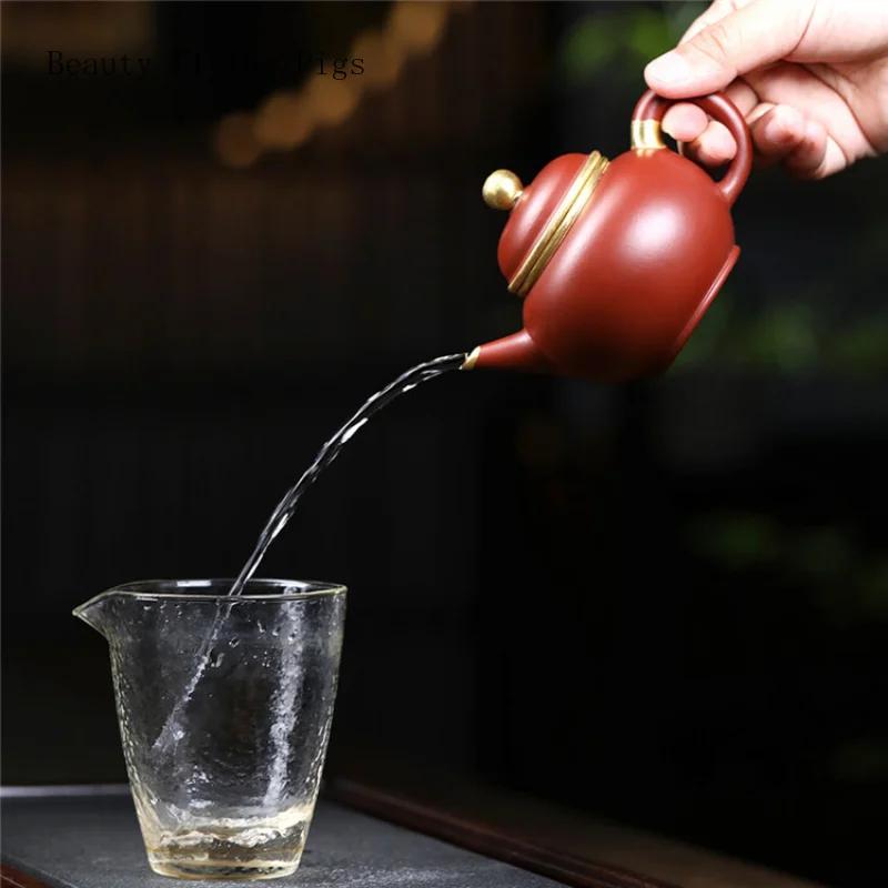 Chinese Handmade Gold Painted Purple Pottery Raw Ore Tea Pot, Household Dahongpao Tea Ceremony Tea Set Kung Fu