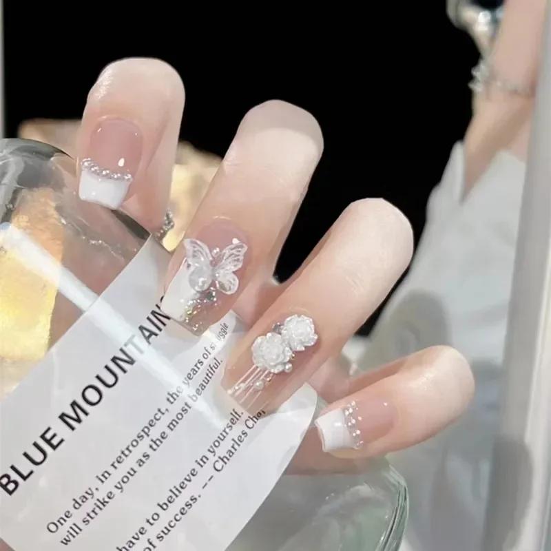 Abnehmbarer Falschnagel-Patch  Tragbar Frühling Sommer Student Weiß Aufhellend Abnehmbare Nagelkunst