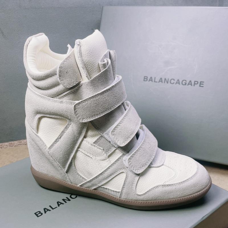 Autumn and Winter Velcro Couples Genuine Leather Dad Shoes High-top Color-blocking Sneakers Women's Inner Height Increase 8cm Casual Shoes