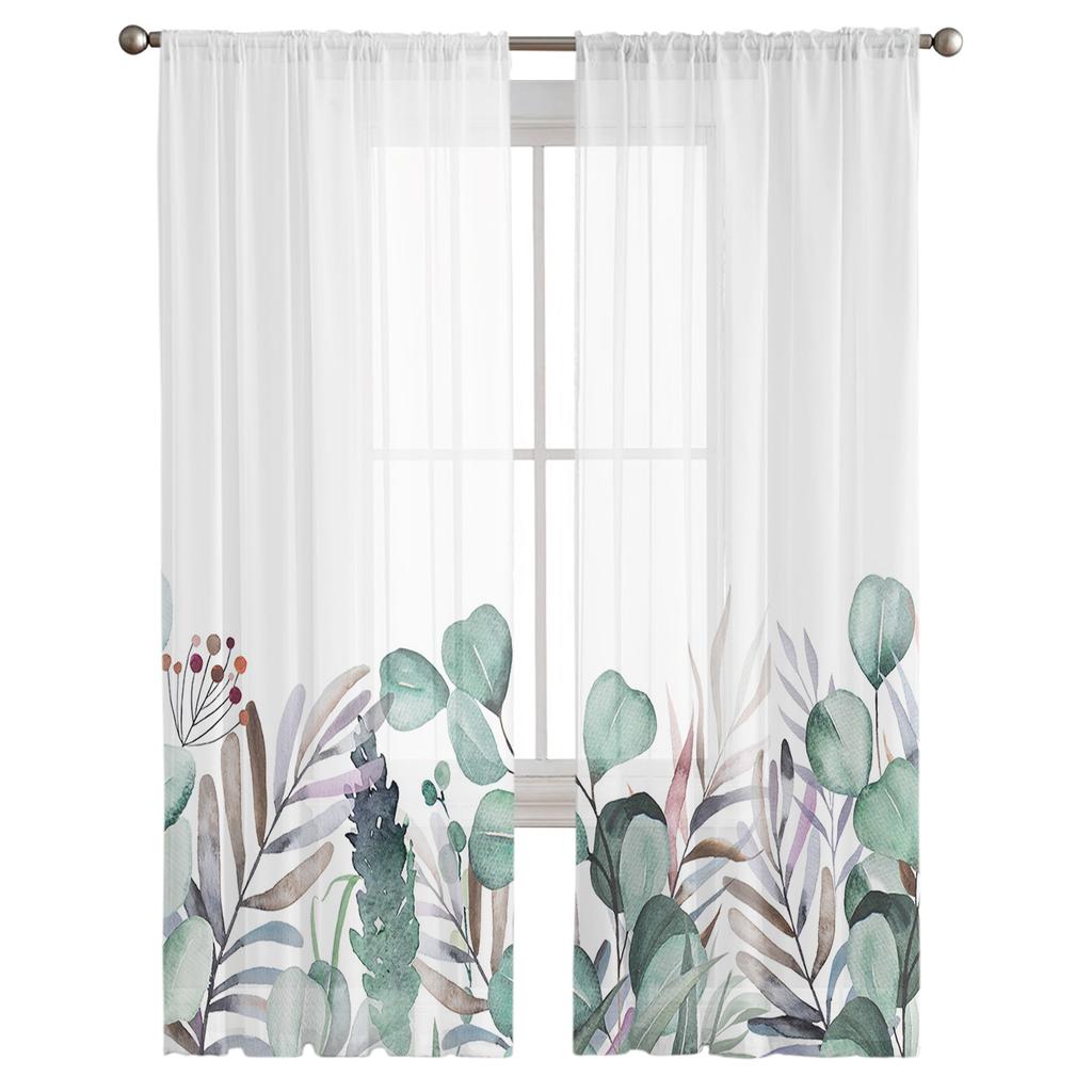 Pastoral Style Flowers And Eucalyptus Trees Sheer Curtains Bedroom Living Room Voile Window Curtains Tulle Curtains for Kid Room