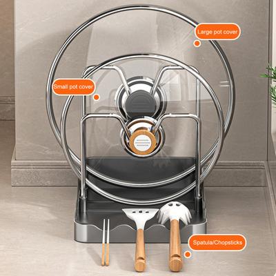 Porta coperchi per pentole da bancone Scaffale porta coperchi per padelle con vassoio raccogli-gocce Supporto per coperchi di pentole con appoggio per cucchiaio mentre si cucina Organizzatore da cucina per tagliere Pentola