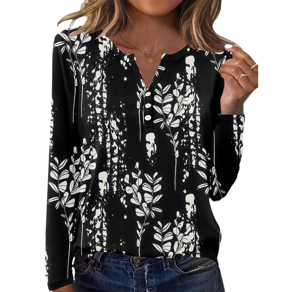 Damen Casual Mode T-Shirt, Vintage Blumendruck, Rundhalsausschnitt, Langarm-Oberteil.