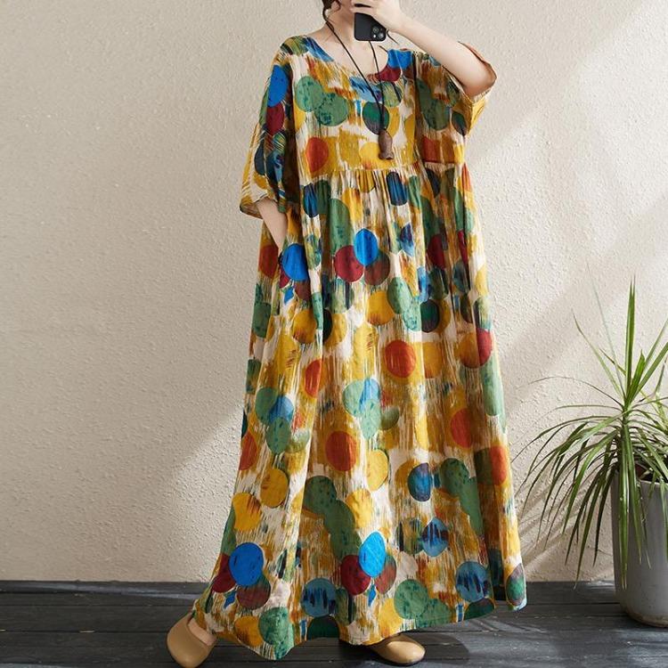 

Summer Women Dresses Bohemian Print Long Dress Multi Color Short Sleeve Crew Neck Simple Hit Color Johnature One Size жовтий