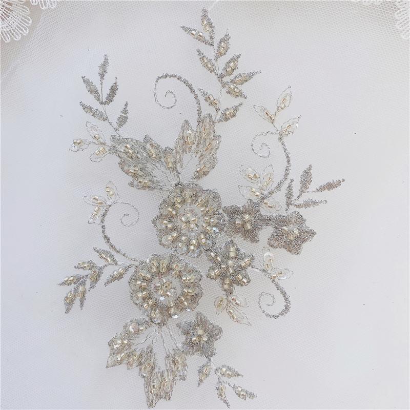 1Pcs Golden Silver Lace Applique Beads Neckline Collar Appliques Embroidery Lace Trim Fabric Cloth Sewing Patchwork