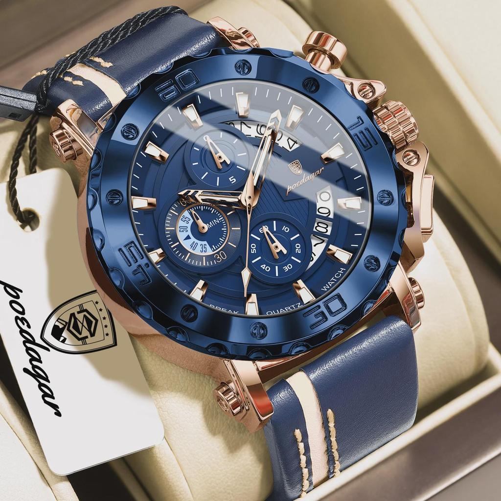 POEDAGAR Top Military Man Wristwatch Waterproof Luminous Date Fashion Chronograph Leather Sports Men's Quartz Watches