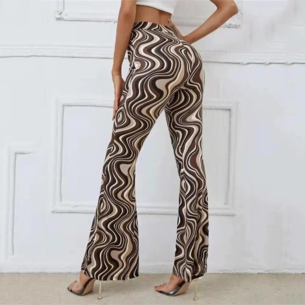 Women Flared Trousers Contrast Color Water Wave Print High Waist Spring Yoga Pants Slim Fit Elastic Waist Bell-bottomed Pants