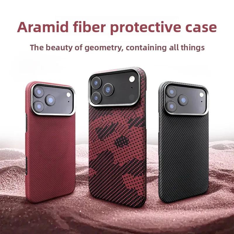 True Aramid Carbon Fiber Pattern Business Phone Case For IPhone 17 Pro Max Air Enhanced For MagSafe Ring Holder Protective Cover