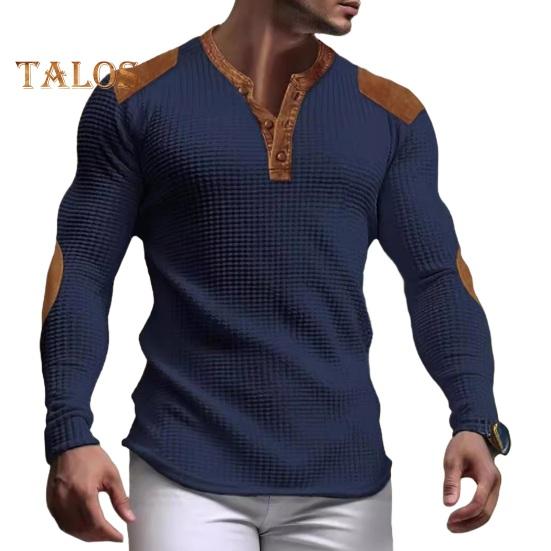 

Мужская толстовка в стиле пэчворк в стиле ретро с V-образным вырезом и пуговицами с вафельной текстурой, пуловер с цветными блоками, облегающий повседневный спортивный топ для отдыха M темно-синий